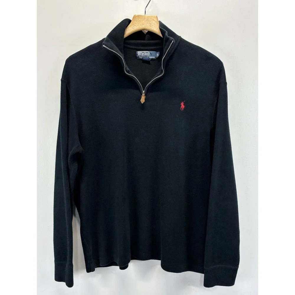 VTG Polo Ralph Lauren Mens Sweater Large Black 1/4 Zip Knit Cotton Y2K red pony